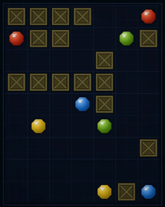A PIXEL LINKS daily board before the first line: four pairs of coloured dots among wooden crates