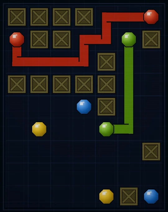 A PIXEL LINKS daily board with wooden crates, the red and green pairs connected and the blue and yellow pairs still open
